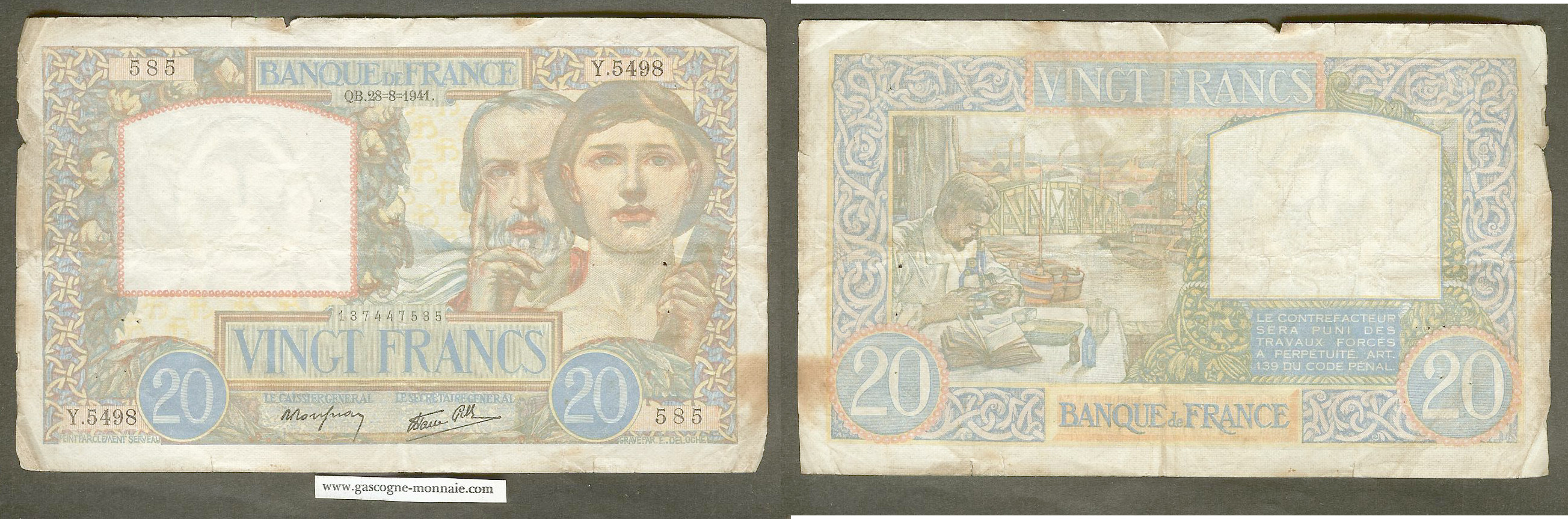 20 francs Work and Science 28.8.1941 gF